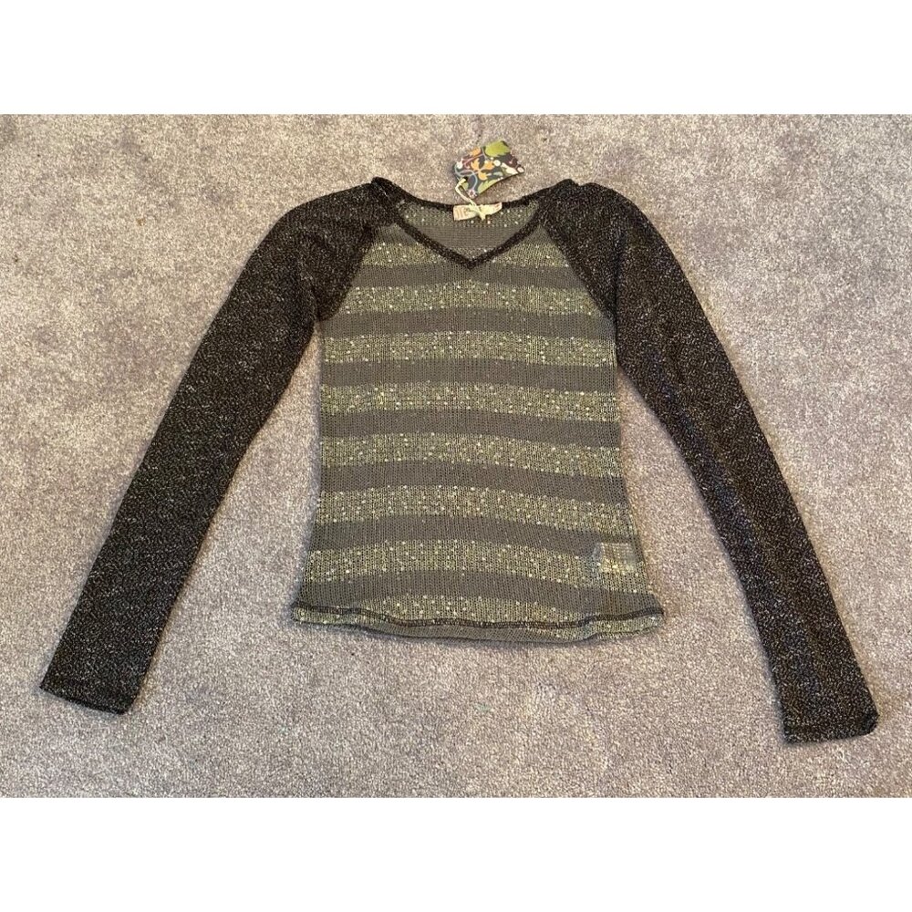 NWT Miss Me Long Sleeve Gray & Black Striped Sequin Mesh Top Medium